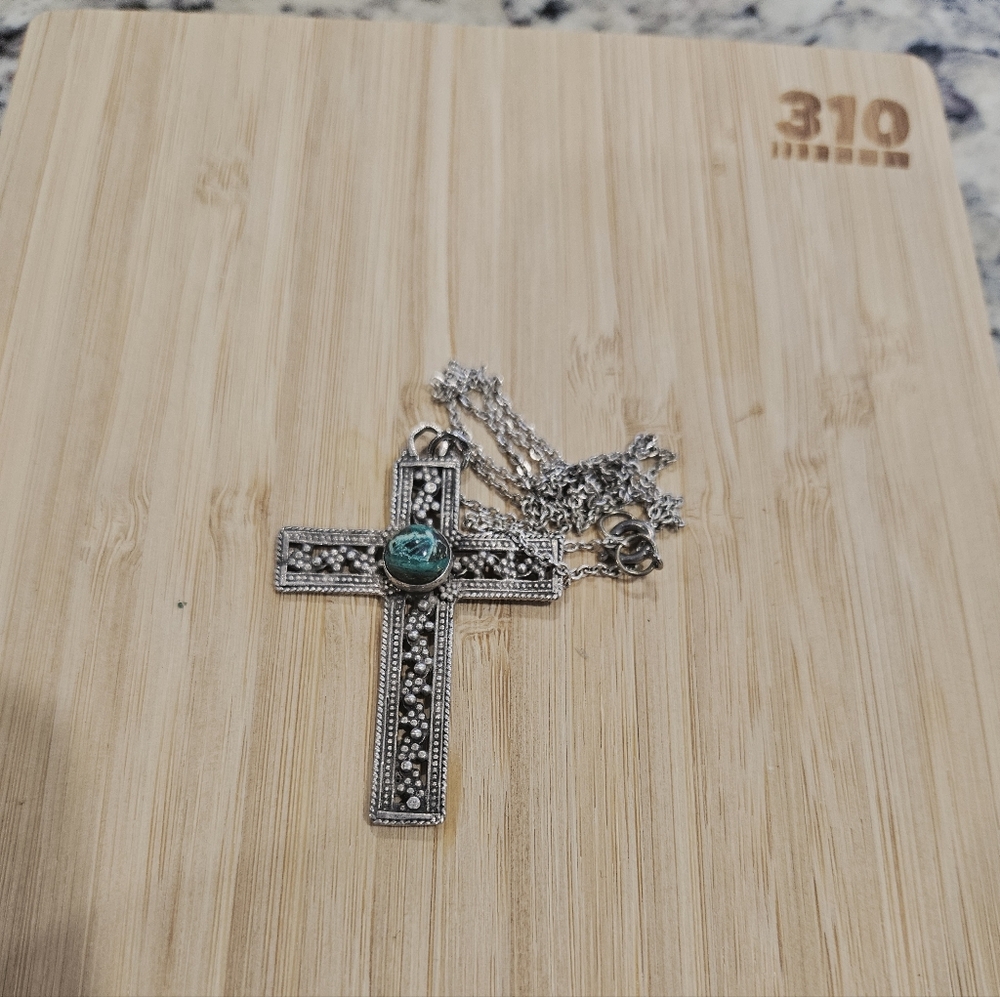 Sterling 925 Cross Pendant Necklace with Turquoise Accent